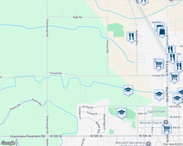 map of restaurants, bars, coffee shops, grocery stores, and more near 641 Forsell Road in Grandview