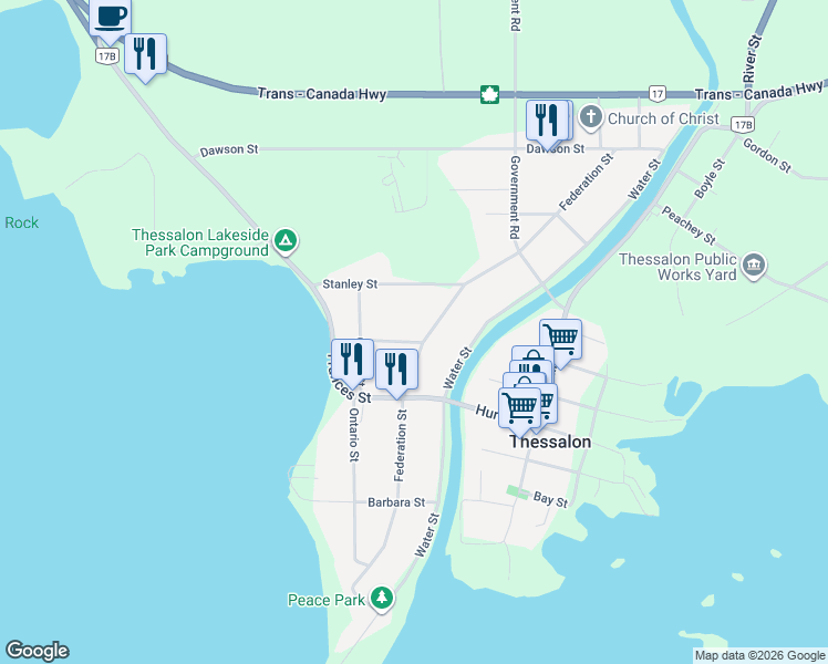 map of restaurants, bars, coffee shops, grocery stores, and more near 206 Federation Street in Thessalon