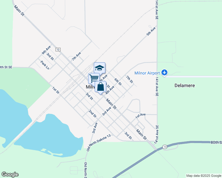 map of restaurants, bars, coffee shops, grocery stores, and more near 399 5th St in Milnor