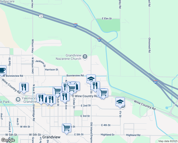map of restaurants, bars, coffee shops, grocery stores, and more near in Grandview