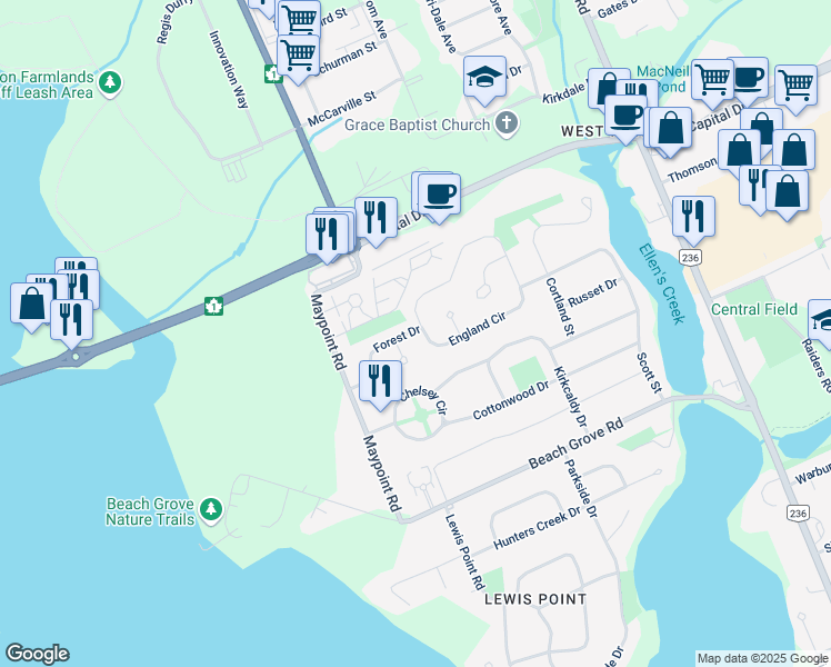 map of restaurants, bars, coffee shops, grocery stores, and more near 70 England Circle in Charlottetown