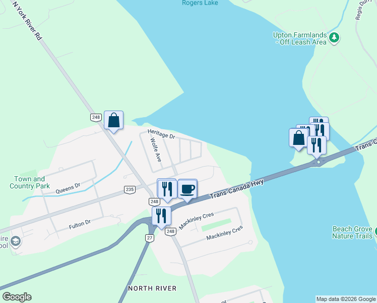 map of restaurants, bars, coffee shops, grocery stores, and more near 10 Heritage Drive in Cornwall