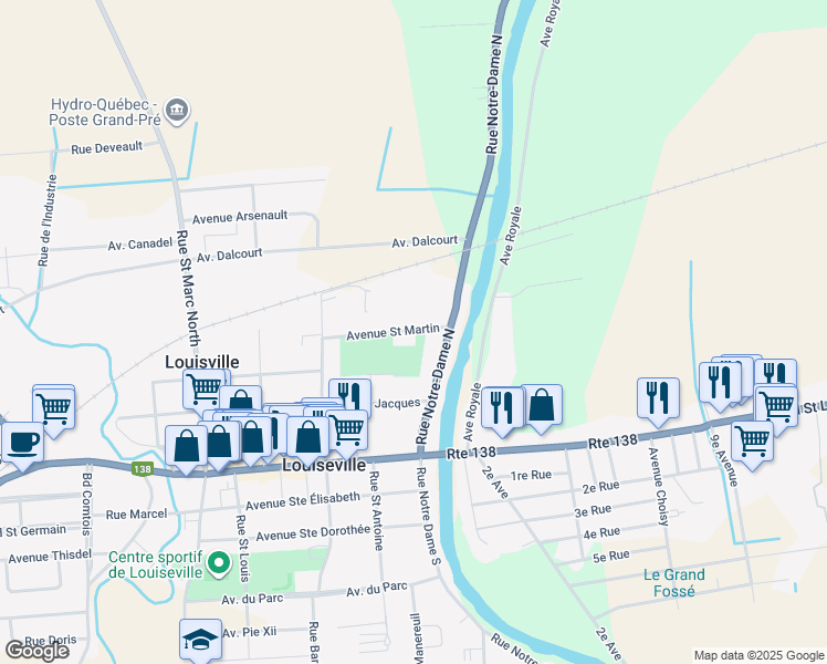 map of restaurants, bars, coffee shops, grocery stores, and more near 41 Avenue Saint Martin in Louiseville