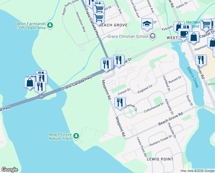 map of restaurants, bars, coffee shops, grocery stores, and more near 102 Maypoint Road in Charlottetown