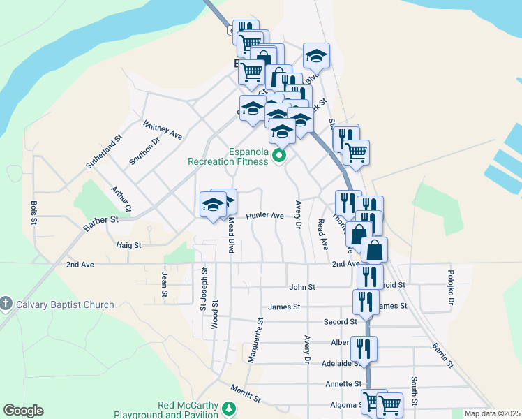 map of restaurants, bars, coffee shops, grocery stores, and more near Hunter Avenue in Espanola