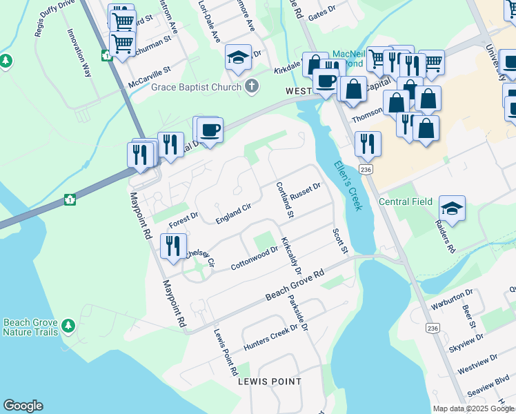 map of restaurants, bars, coffee shops, grocery stores, and more near 124 England Circle in Charlottetown