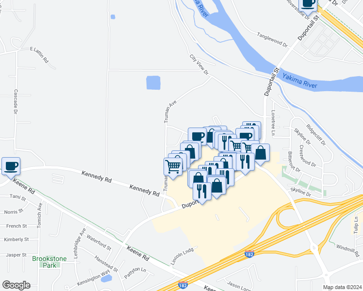 map of restaurants, bars, coffee shops, grocery stores, and more near 7 Queensgate Drive in Richland