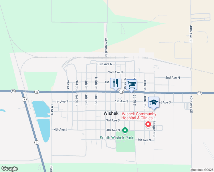 map of restaurants, bars, coffee shops, grocery stores, and more near 21 Centennial Street in Wishek