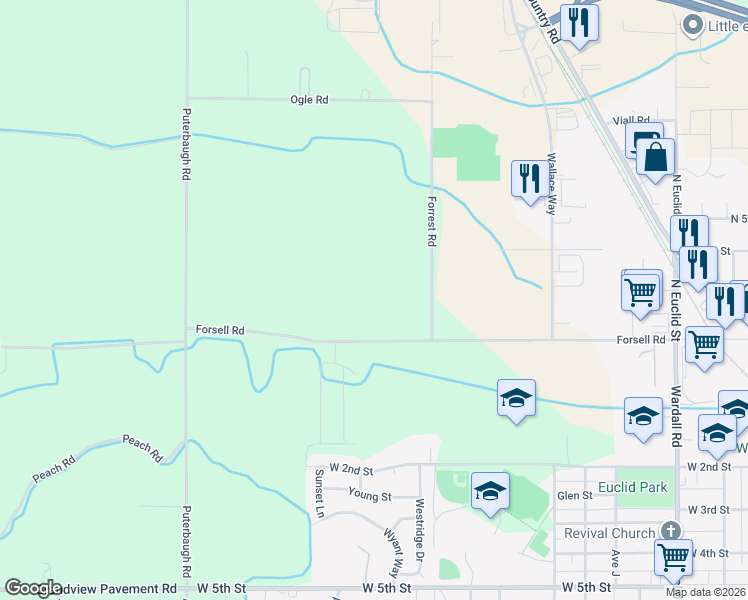 map of restaurants, bars, coffee shops, grocery stores, and more near 641 Forsell Road in Grandview