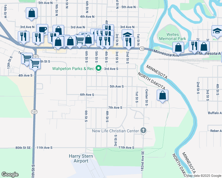 map of restaurants, bars, coffee shops, grocery stores, and more near 301-353 5th Avenue South in Wahpeton