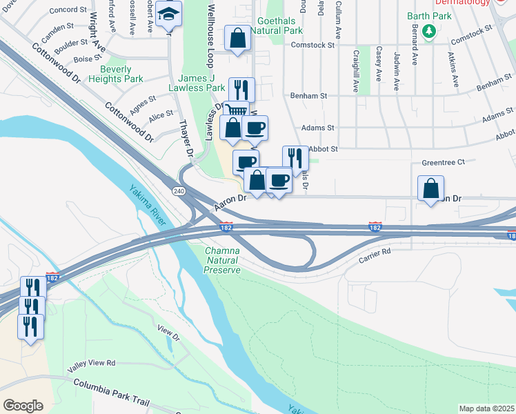 map of restaurants, bars, coffee shops, grocery stores, and more near 1325 Aaron Drive in Richland