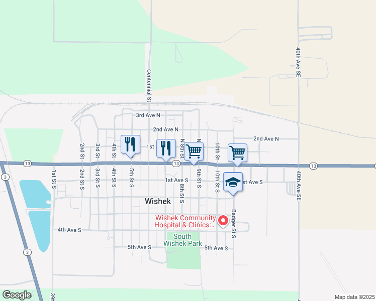 map of restaurants, bars, coffee shops, grocery stores, and more near 752-798 1st Avenue North in Wishek