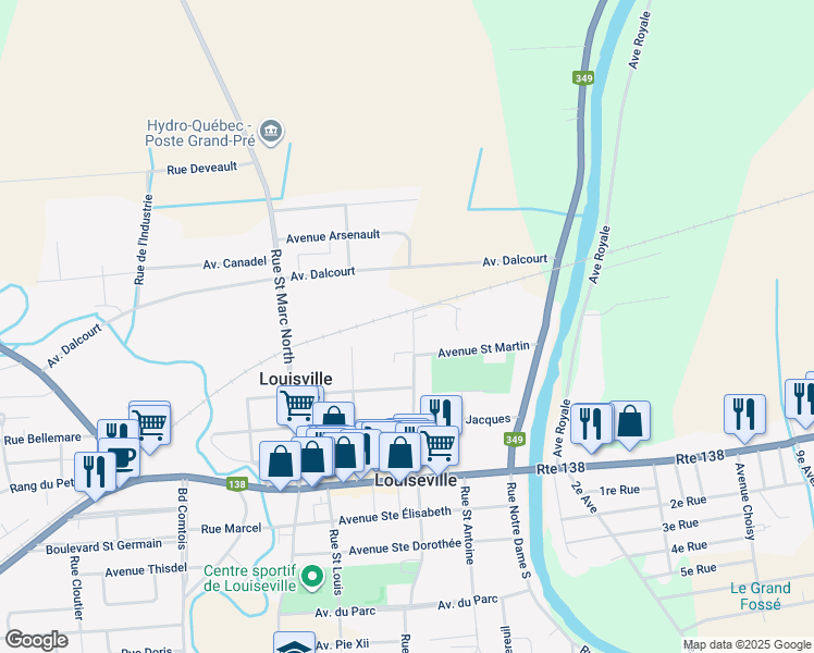 map of restaurants, bars, coffee shops, grocery stores, and more near in Louiseville