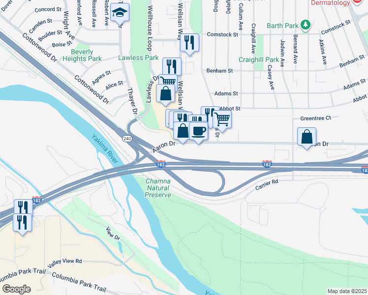 map of restaurants, bars, coffee shops, grocery stores, and more near 1325 Aaron Drive in Richland