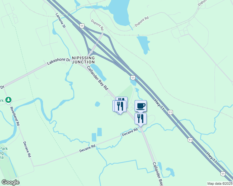 map of restaurants, bars, coffee shops, grocery stores, and more near 160 Pinewood Park Drive in North Bay