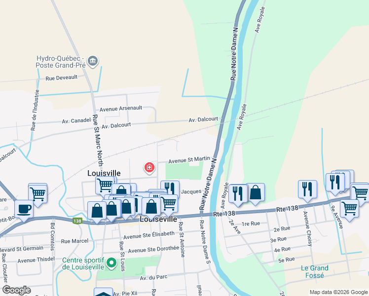 map of restaurants, bars, coffee shops, grocery stores, and more near in Louiseville