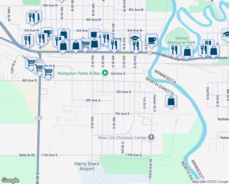 map of restaurants, bars, coffee shops, grocery stores, and more near 401 5th Avenue South in Wahpeton