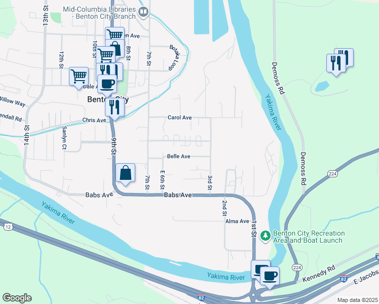 map of restaurants, bars, coffee shops, grocery stores, and more near 402 Belle Avenue in Benton City