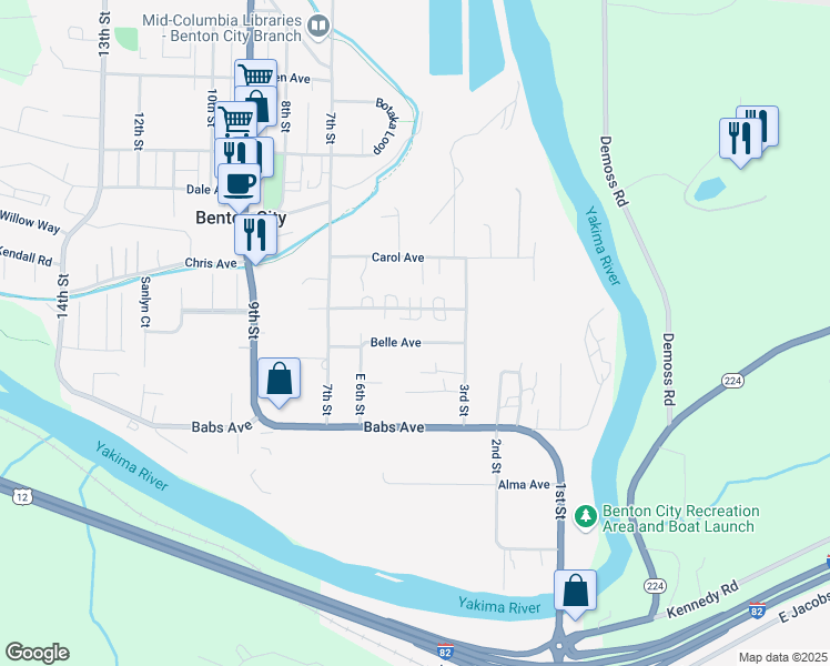 map of restaurants, bars, coffee shops, grocery stores, and more near 402 Belle St in Benton City