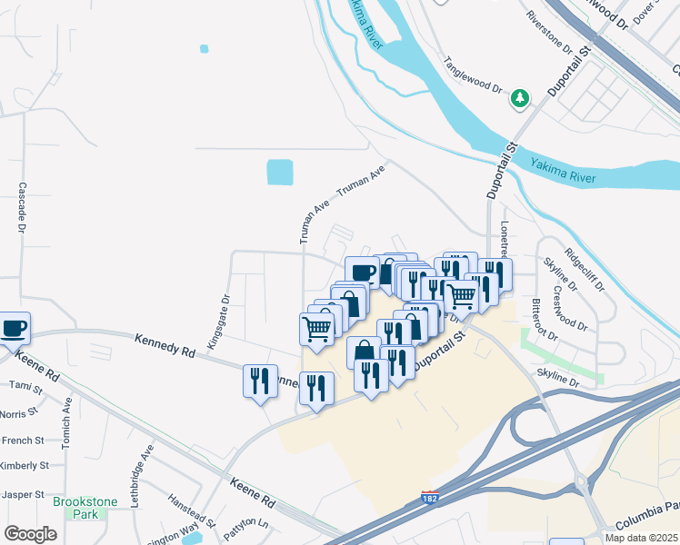 map of restaurants, bars, coffee shops, grocery stores, and more near 7 Queensgate Drive in Richland