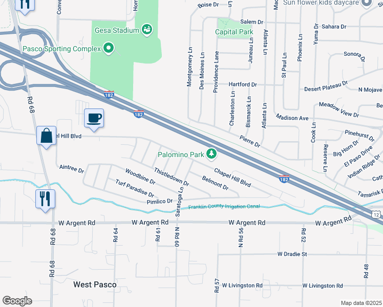 map of restaurants, bars, coffee shops, grocery stores, and more near 6005A Chapel Hill Boulevard in Pasco