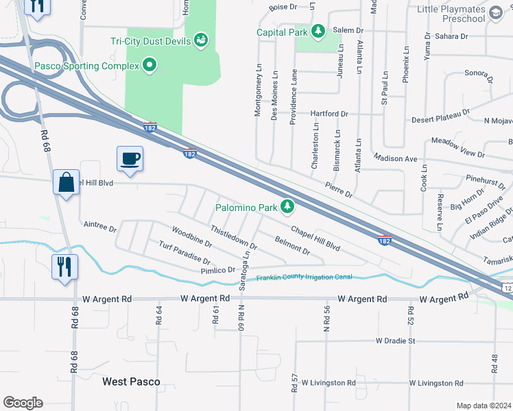 map of restaurants, bars, coffee shops, grocery stores, and more near 3320 Calder Lane in Pasco