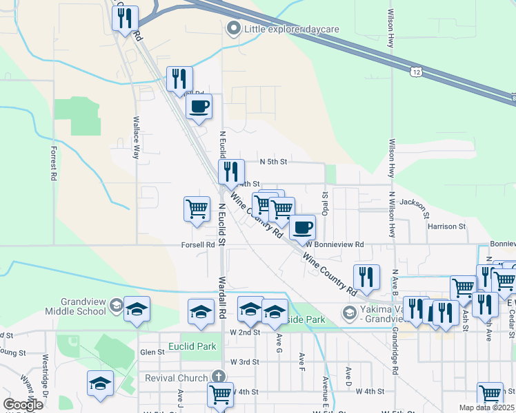 map of restaurants, bars, coffee shops, grocery stores, and more near 301 Nealy Road in Grandview
