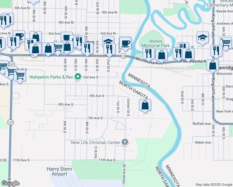 map of restaurants, bars, coffee shops, grocery stores, and more near 101-149 5th Ave S in Wahpeton