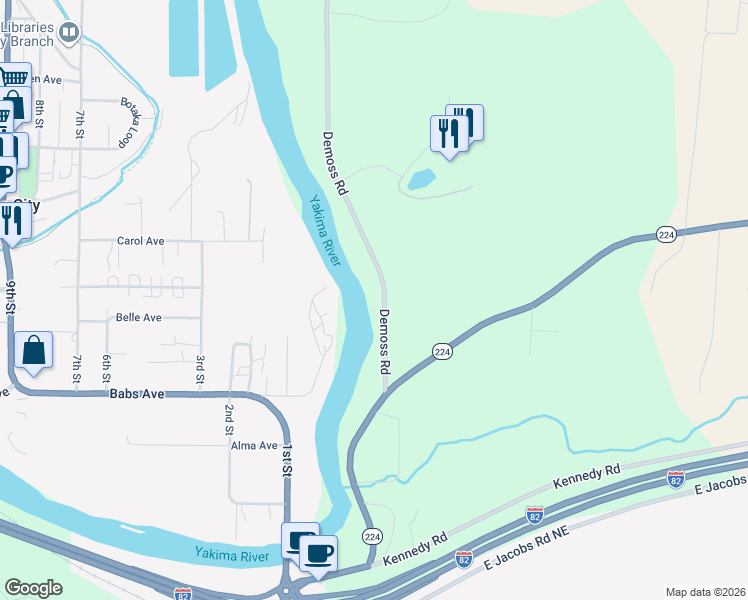 map of restaurants, bars, coffee shops, grocery stores, and more near 30001 Demoss Road in Benton City