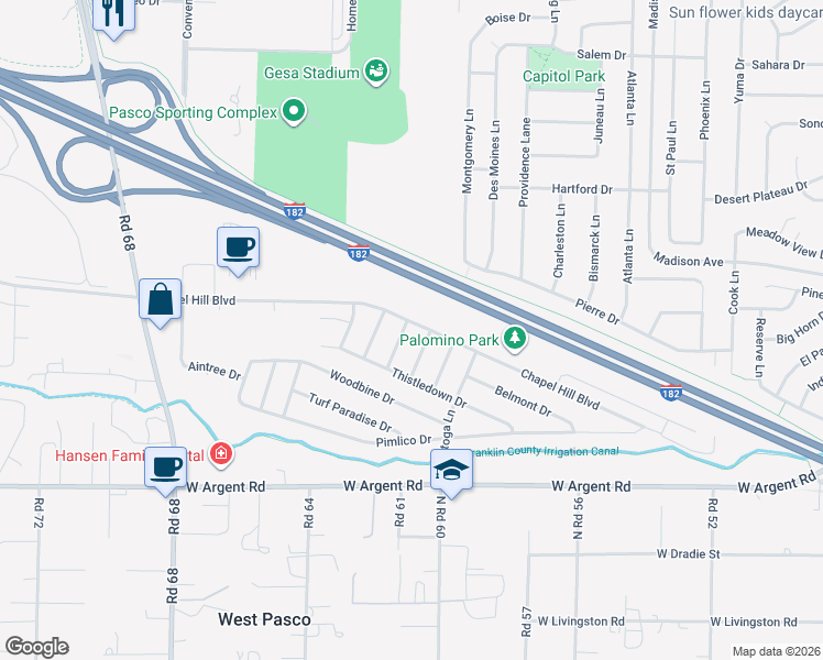map of restaurants, bars, coffee shops, grocery stores, and more near 3316 Keeneland Lane in Pasco