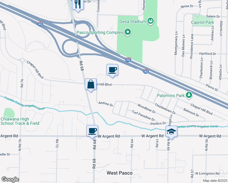 map of restaurants, bars, coffee shops, grocery stores, and more near 6626 Chapel Hill Boulevard in Pasco