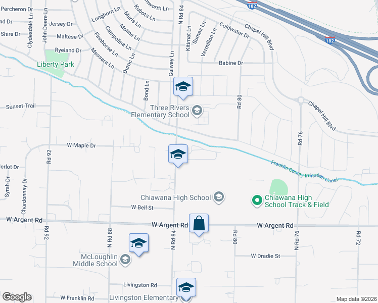map of restaurants, bars, coffee shops, grocery stores, and more near 3517 North Road 84 in Pasco