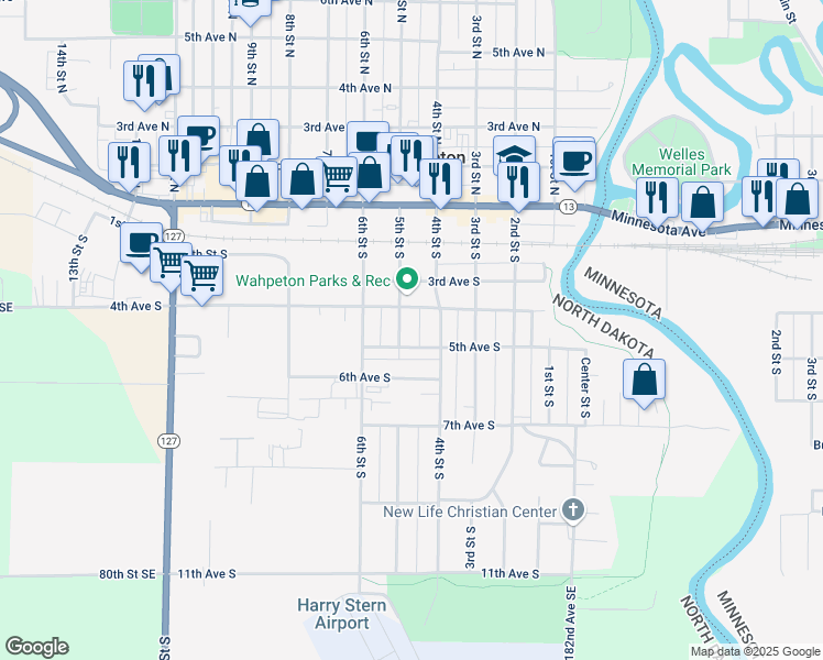 map of restaurants, bars, coffee shops, grocery stores, and more near 401-451 5th Avenue South in Wahpeton