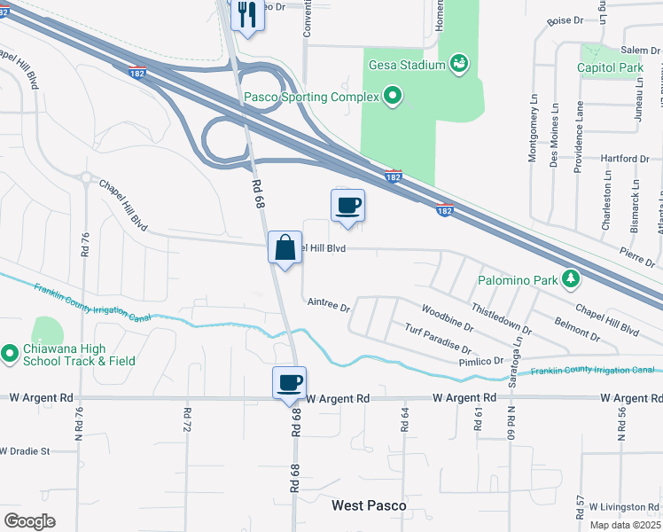 map of restaurants, bars, coffee shops, grocery stores, and more near 6626 Chapel Hill Boulevard in Pasco