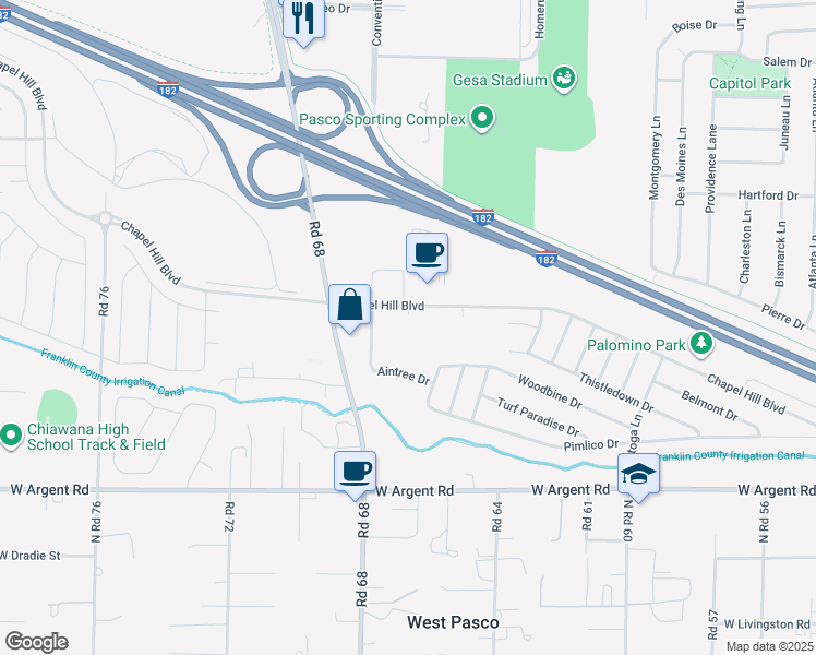 map of restaurants, bars, coffee shops, grocery stores, and more near 6626 Chapel Hill Boulevard in Pasco
