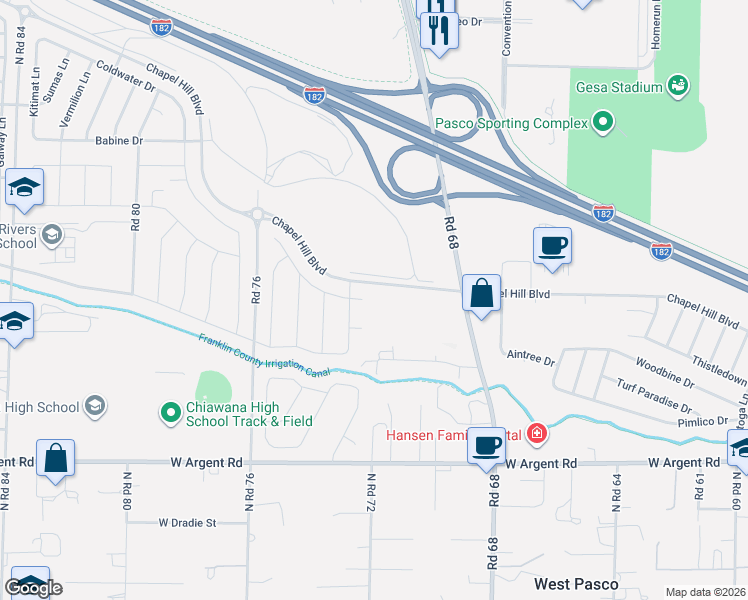 map of restaurants, bars, coffee shops, grocery stores, and more near 7303 Courtney Drive in Pasco