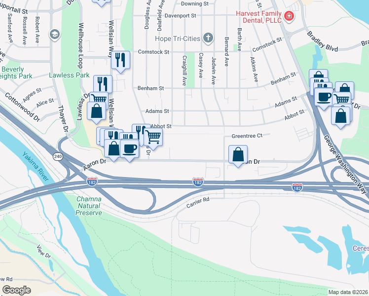 map of restaurants, bars, coffee shops, grocery stores, and more near 900 Aaron Drive in Richland