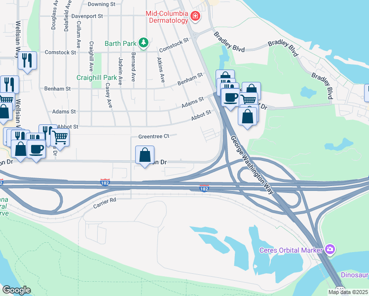 map of restaurants, bars, coffee shops, grocery stores, and more near 301 Greentree Court in Richland