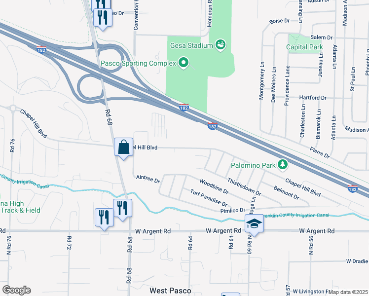 map of restaurants, bars, coffee shops, grocery stores, and more near 6405 Chapel Hill Blvd in Pasco