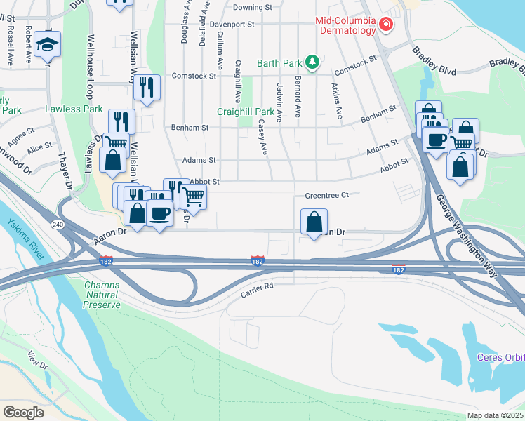 map of restaurants, bars, coffee shops, grocery stores, and more near 850 Aaron Drive in Richland