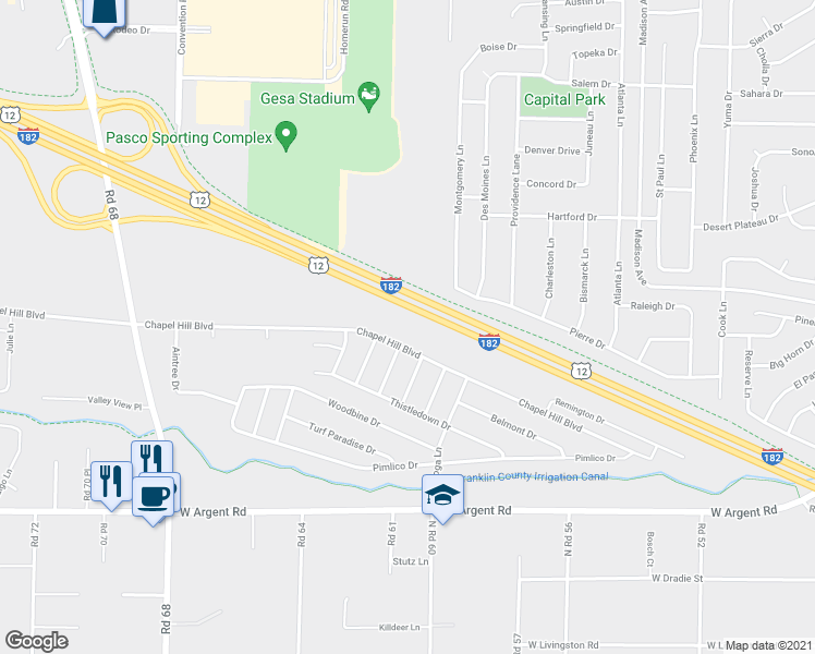 map of restaurants, bars, coffee shops, grocery stores, and more near 6305H Chapel Hill Boulevard in Pasco
