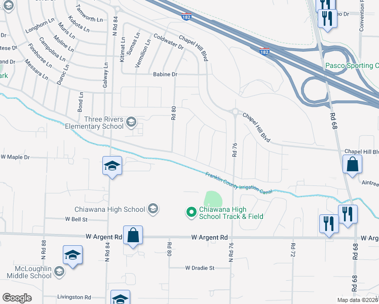 map of restaurants, bars, coffee shops, grocery stores, and more near 3517 North Road 84 in Pasco