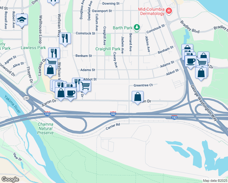map of restaurants, bars, coffee shops, grocery stores, and more near 850 Aaron Drive in Richland