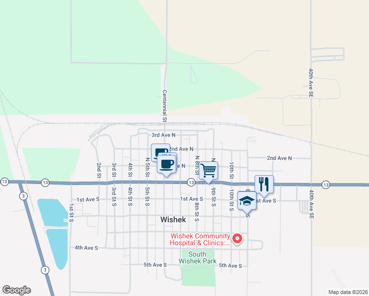 map of restaurants, bars, coffee shops, grocery stores, and more near 8120 7th Street in Wishek