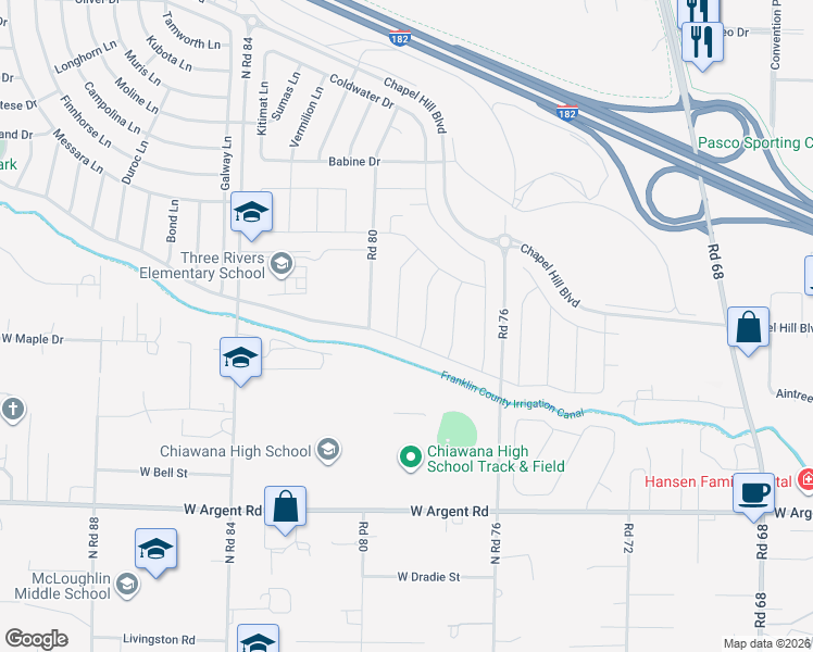 map of restaurants, bars, coffee shops, grocery stores, and more near 3517 North Road 84 in Pasco