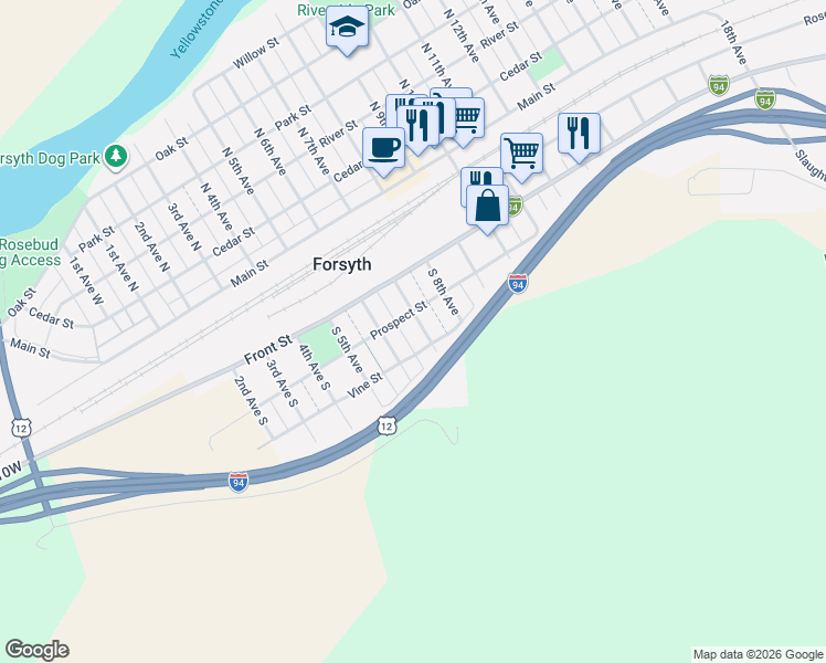 map of restaurants, bars, coffee shops, grocery stores, and more near 301-399 South 7th Avenue in Forsyth