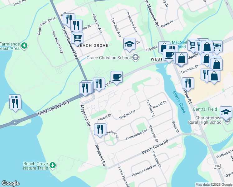 map of restaurants, bars, coffee shops, grocery stores, and more near 300 Capital Drive in Charlottetown