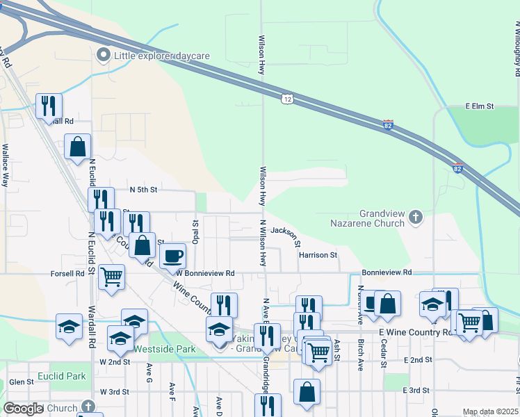 map of restaurants, bars, coffee shops, grocery stores, and more near 410 Wilson Hwy in Grandview