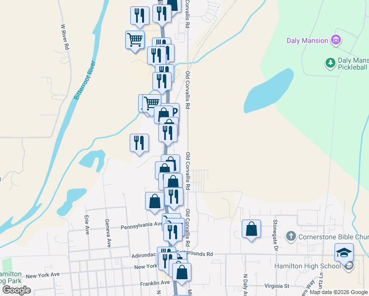 map of restaurants, bars, coffee shops, grocery stores, and more near 191 Old Corvallis Road in Hamilton