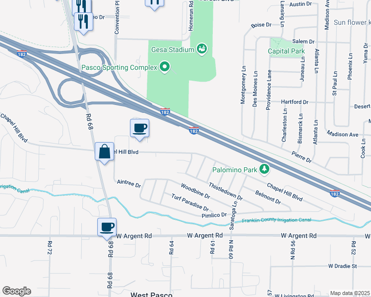 map of restaurants, bars, coffee shops, grocery stores, and more near 6405C Chapel Hill Boulevard in Pasco